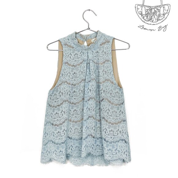 Love, Fire / Lace Sleeveless Halter Top Mock Neck / Size S / Color Blue - Picture 3 of 6